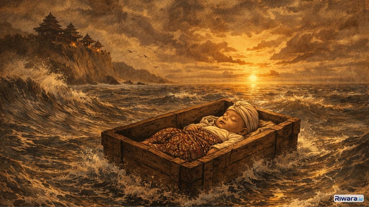 Ilustrasi adegan bayi yang dihanyutkan ke laut dari kerajaan Balambangan. Dalam Serat Centhini, kisah ini menjadi awal perjalanan hidup Sunan Giri, tokoh penting dalam sejarah penyebaran Islam di Jawa.